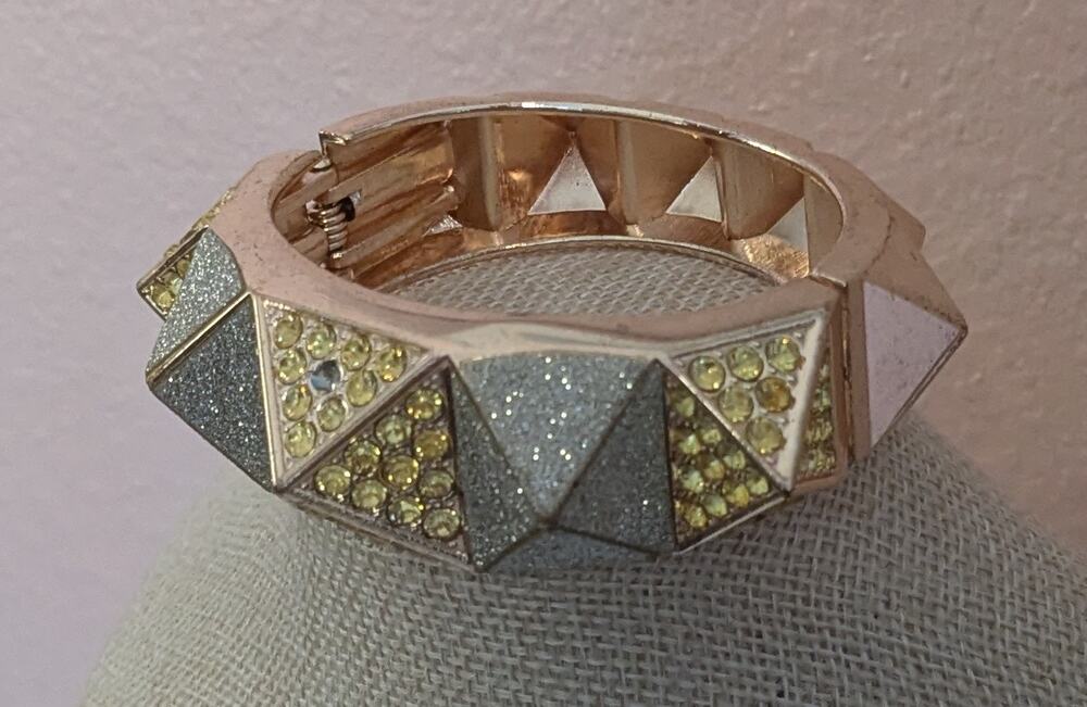 Victoria's Secret Gold Tone Pyramid Rhinestone Hinged Cuff Bracelet  Bangle